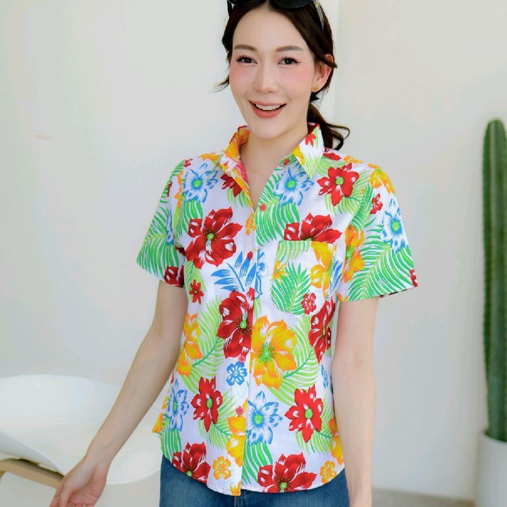 PINK017 เสื้อเชิ้ตลายดอก ผ้าคอตตอน100% สีไม่ตก ผ้าไม่หด ลายคมชัด มีไซส์หญิงชาย S-5XL งาน ป้ายKTIER*1ตัว*