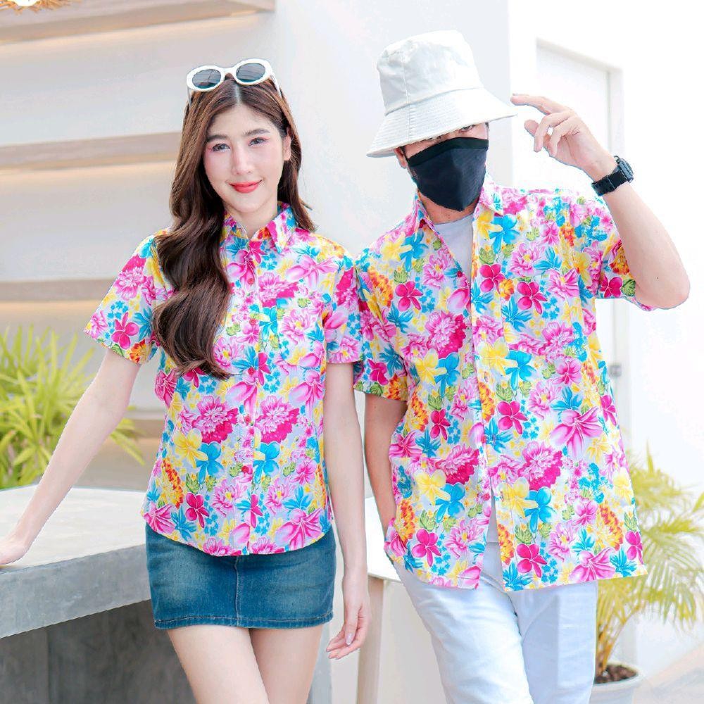 PINK013 เสื้อเชิ้ตลายดอก ผ้าคอตตอน100% สีไม่ตก ผ้าไม่หด ลายคมชัด มีไซส์หญิงชาย S-5XL งานป้าย KTIER*1ตัว*