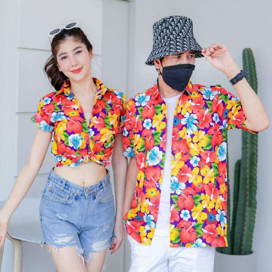 PINK016 เสื้อเชิ้ตลายดอก ผ้าคอตตอน100% สีไม่ตก ผ้าไม่หด ลายคมชัด มีไซส์หญิงชาย S-5XL งานป้ายKTIER*1ตัว*