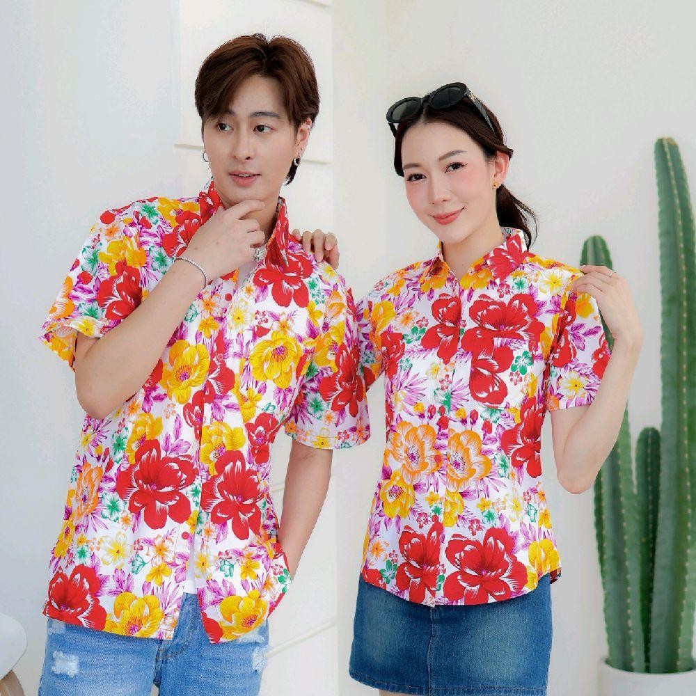 Pink011 เสื้อเชิ้ตลายดอก ผ้าคอตตอน100% สีไม่ตก ผ้าไม่หด ลายคมชัด มีไซส์หญิงชาย 34-56นิ้ว งานป้ายKTIER*1ตัว*
