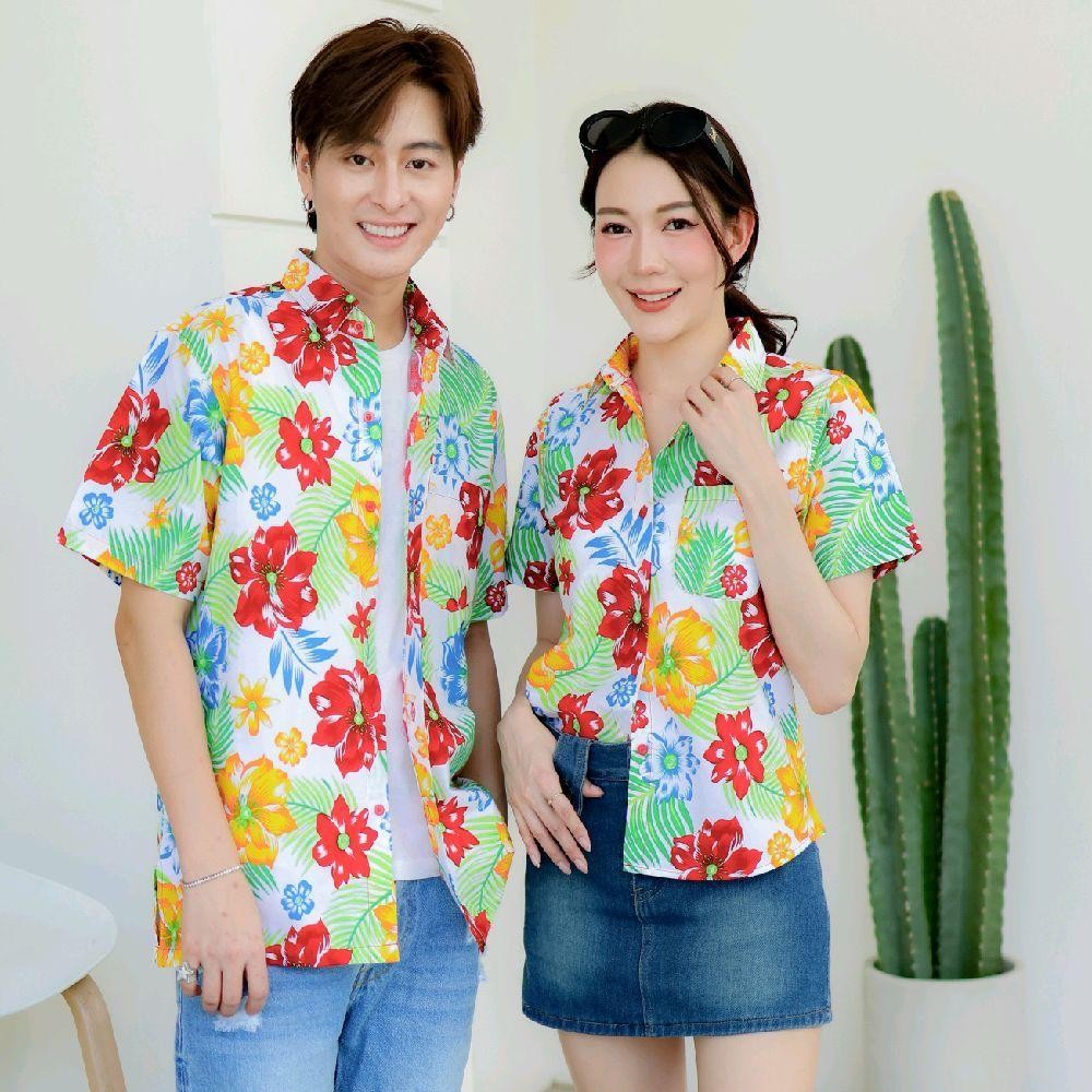 PINK017 เสื้อเชิ้ตลายดอก ผ้าคอตตอน100% สีไม่ตก ผ้าไม่หด ลายคมชัด มีไซส์หญิงชาย S-5XL งาน ป้ายKTIER*1ตัว*