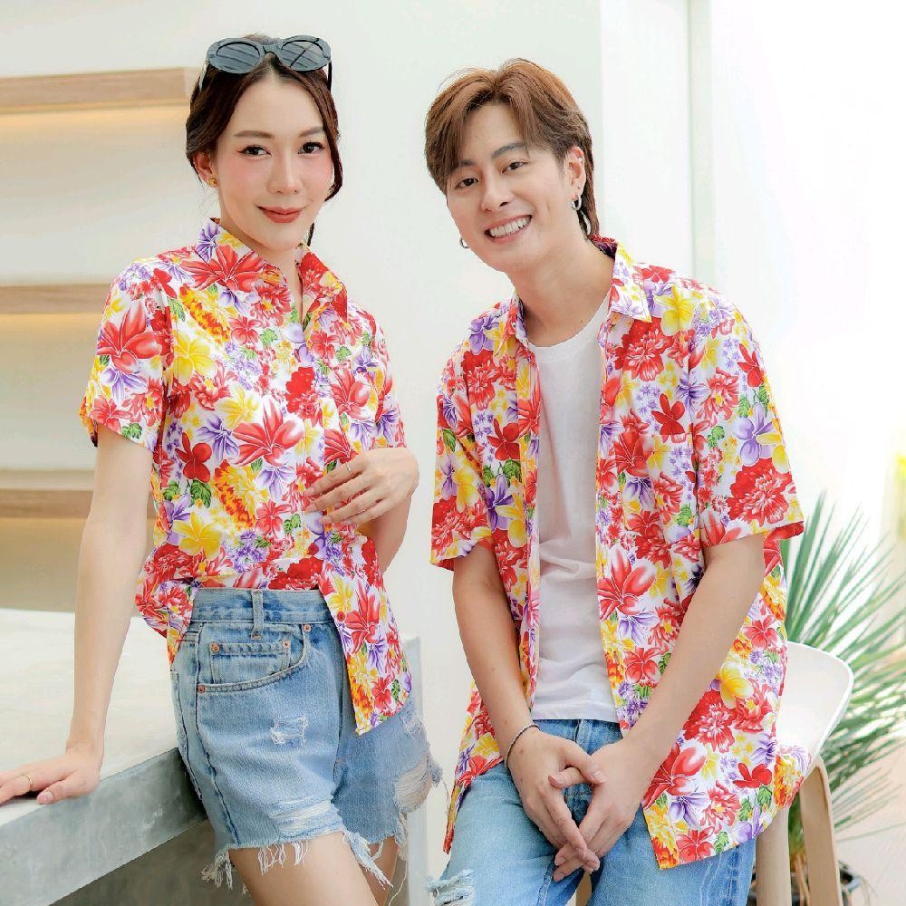 PINK013 เสื้อเชิ้ตลายดอก ผ้าคอตตอน100% สีไม่ตก ผ้าไม่หด ลายคมชัด มีไซส์หญิงชาย S-5XL งานป้าย KTIER*1ตัว*