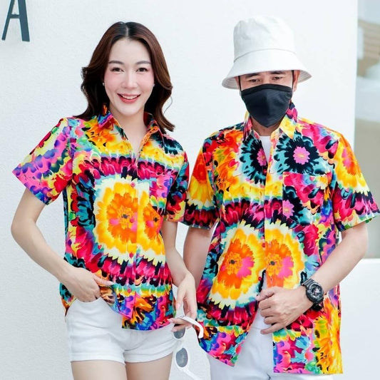 PING032เสื้อเชิ้ตลายมัดย้อม ผ้าคอตตอน100% สีไม่ตก ผ้าไม่หด ลายคมชัด มีไซส์หญิงชาย S-5XL งานป้าย**1ตัว**