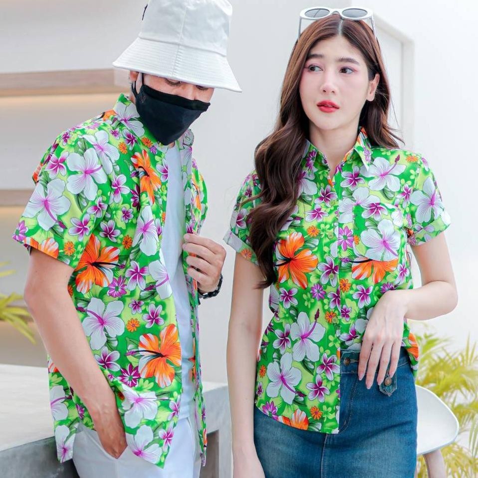 PINK018 เสื้อเชิ้ตลายดอก ผ้าคอตตอน100% สีไม่ตก ผ้าไม่หด ลายคมชัด มีไซส์หญิงชาย S-5XL งานป้ายKTIER*1ตัว*