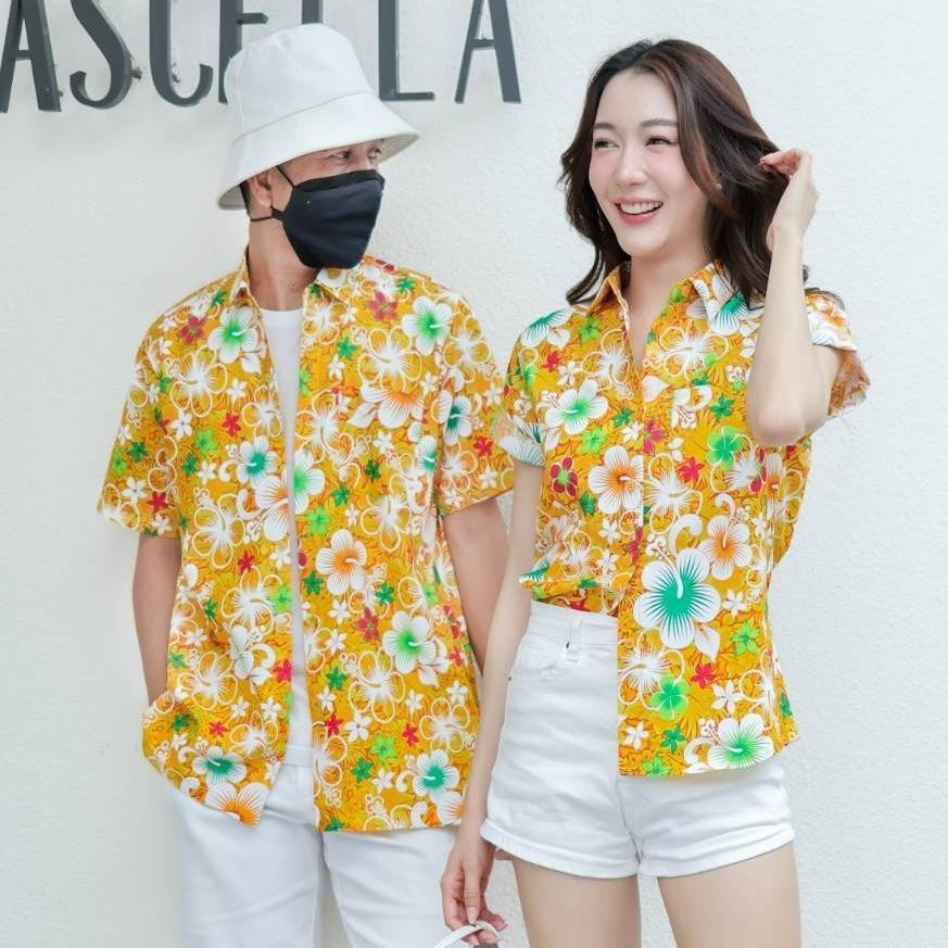 PING020เสื้อเชิ้ตลายดอกผ้าคอตตอน100% สีไม่ตก ผ้าไม่หด ลายคมชัด ไซส์หญิงชาย S-5XL งานป้าย**1ตัว**