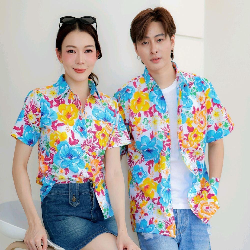 Pink011 เสื้อเชิ้ตลายดอก ผ้าคอตตอน100% สีไม่ตก ผ้าไม่หด ลายคมชัด มีไซส์หญิงชาย 34-56นิ้ว งานป้ายKTIER*1ตัว*