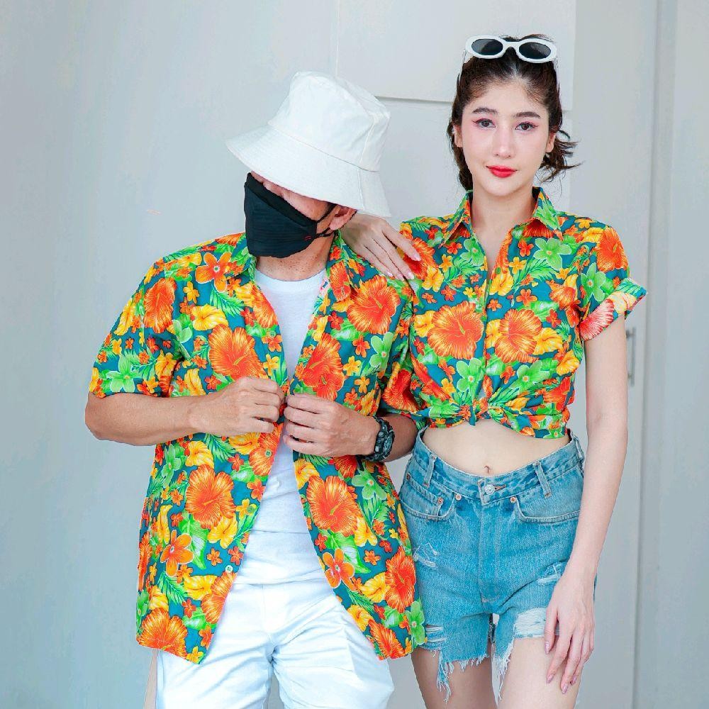 PINK012 เสื้อเชิ้ตลายดอก ผ้าคอตตอน100% สีไม่ตก ผ้าไม่หด ลายคมชัด มีไซส์หญิงชาย 34-56นิ้ว งานป้ายKTIER*1ตัว*