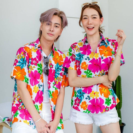 Pink02 เสื้อเชิ้ตลายดอก ผ้าคอตตอน100% สีไม่ตก ผ้าไม่หด มีไซส์หญิงชาย S-6XL งานป้ายKTIERออกแบบเอง*1ตัว*