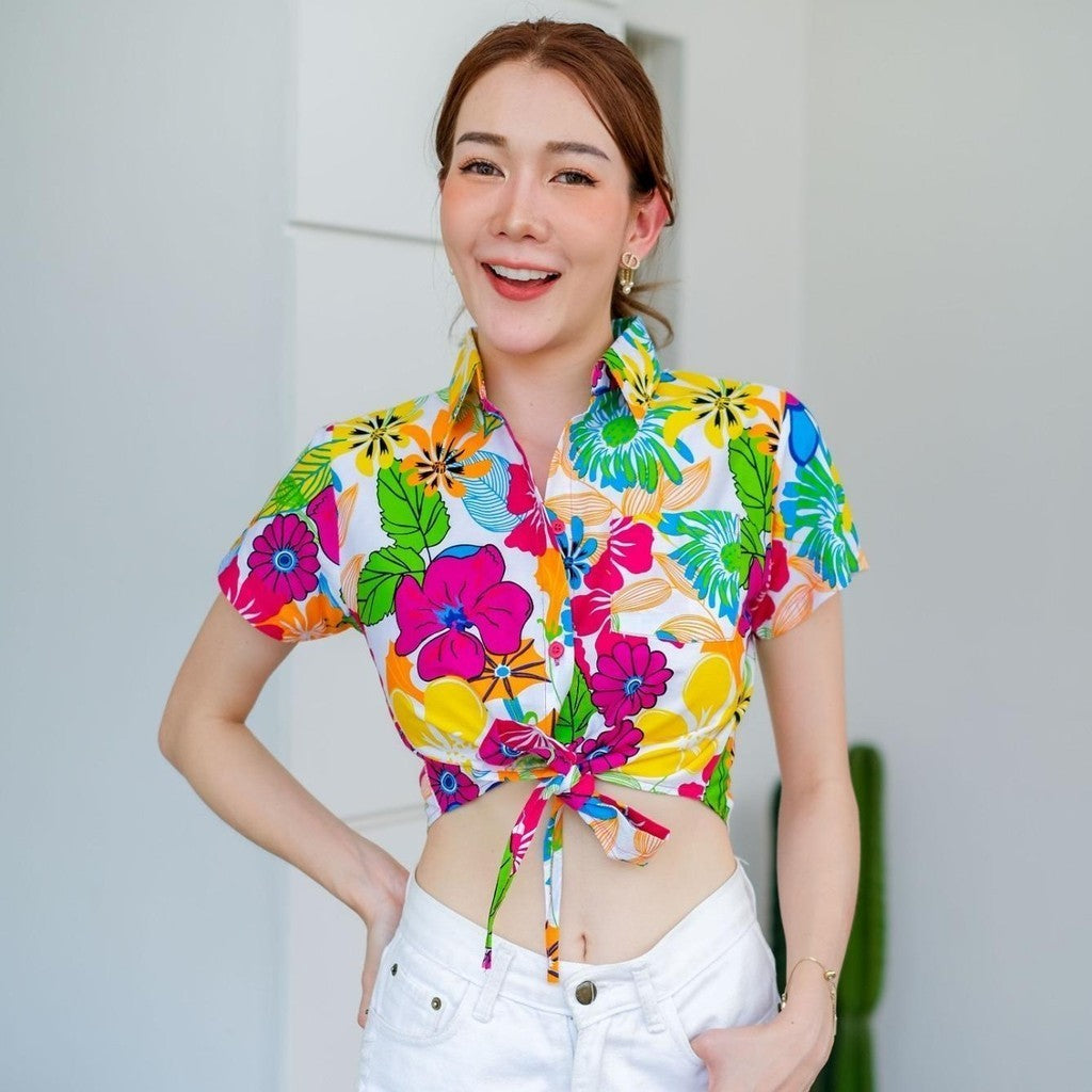 06(ครบทีม)เสื้อสงกรานต์ลายดอก ผ้าคอตตอน100 ครบไซส์ครอบครัว