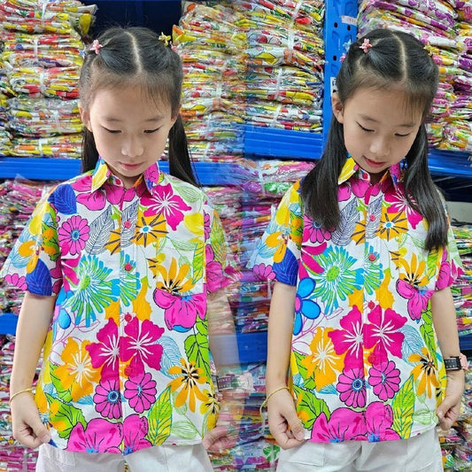K06เสื้อสงกรานต์เด็กลายดอก ผ้าคอตตอน100% ลายคมชัดสีไม่ตก