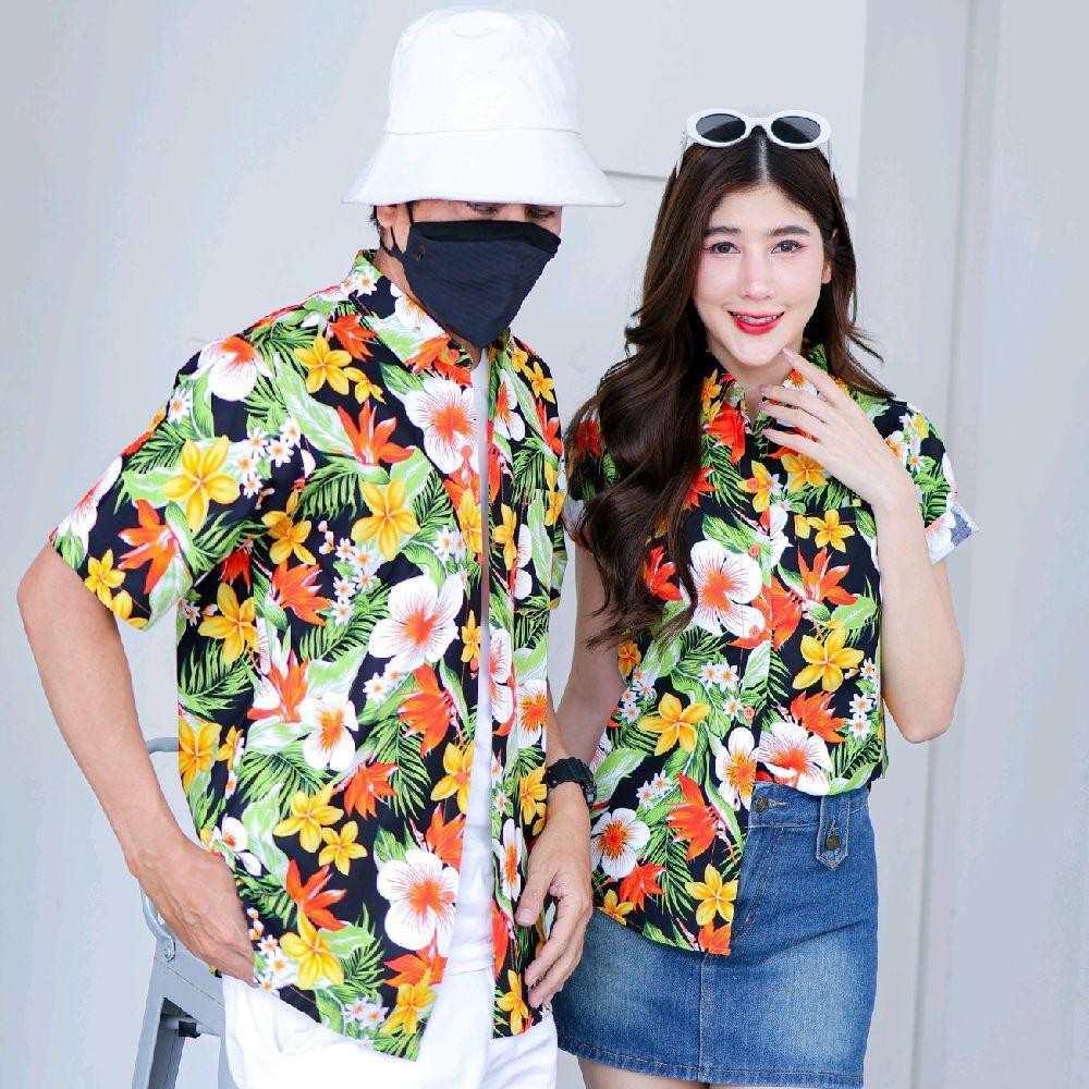 Pink04 เสื้อเชิ้ตลายดอก ผ้าคอตตอน100% สีไม่ตก ผ้าไม่หด ลายคมชัด มีไซส์หญิงชาย 34-54นิ้ว งานป้ายKTIER*1ตัว*