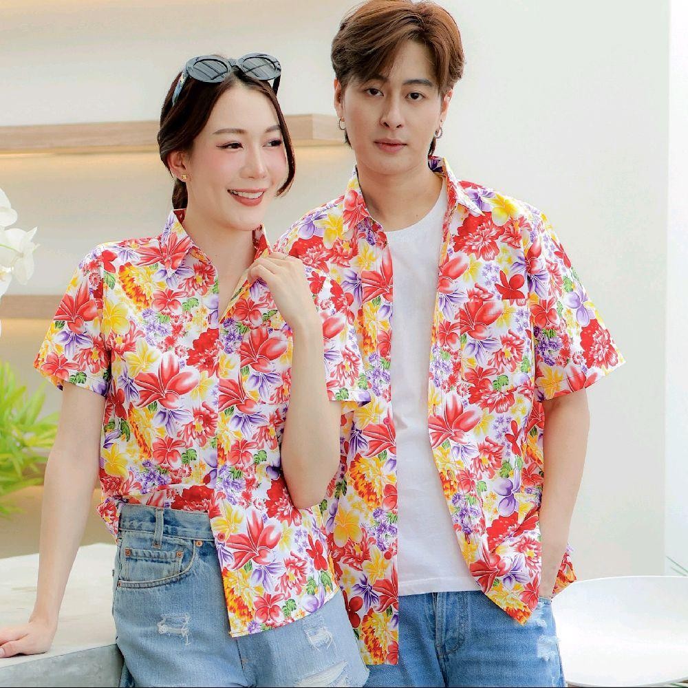 PINK013 เสื้อเชิ้ตลายดอก ผ้าคอตตอน100% สีไม่ตก ผ้าไม่หด ลายคมชัด มีไซส์หญิงชาย S-5XL งานป้าย KTIER*1ตัว*
