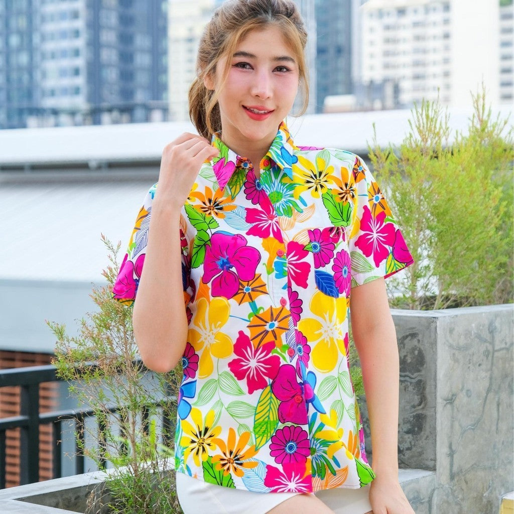 06(ครบทีม)เสื้อสงกรานต์ลายดอก ผ้าคอตตอน100 ครบไซส์ครอบครัว