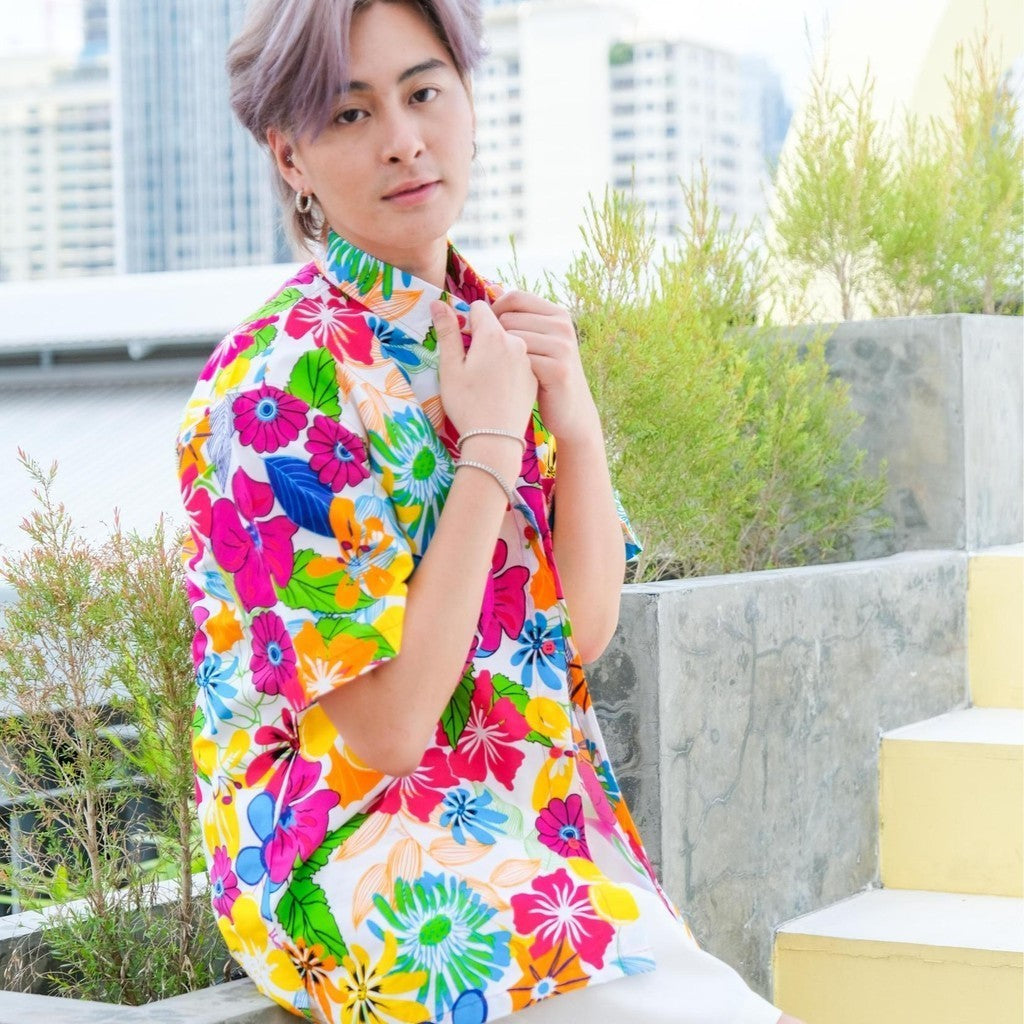 06(ครบทีม)เสื้อสงกรานต์ลายดอก ผ้าคอตตอน100 ครบไซส์ครอบครัว