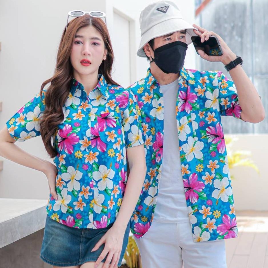 PINK018 เสื้อเชิ้ตลายดอก ผ้าคอตตอน100% สีไม่ตก ผ้าไม่หด ลายคมชัด มีไซส์หญิงชาย S-5XL งานป้ายKTIER*1ตัว*