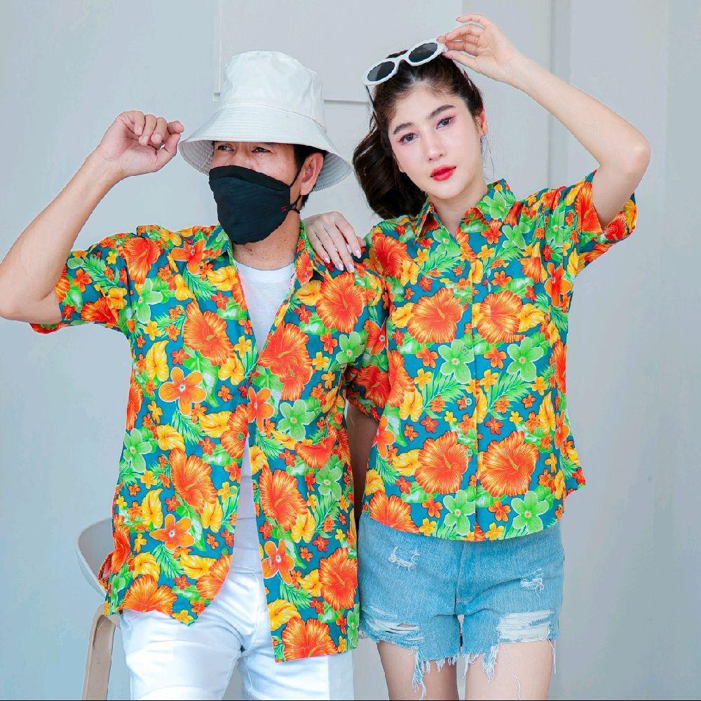 PINK012 เสื้อเชิ้ตลายดอก ผ้าคอตตอน100% สีไม่ตก ผ้าไม่หด ลายคมชัด มีไซส์หญิงชาย 34-56นิ้ว งานป้ายKTIER*1ตัว*