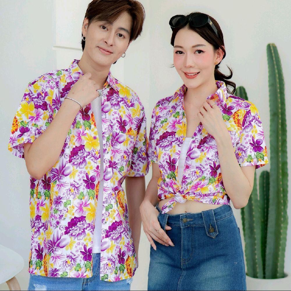 PINK013 เสื้อเชิ้ตลายดอก ผ้าคอตตอน100% สีไม่ตก ผ้าไม่หด ลายคมชัด มีไซส์หญิงชาย S-5XL งานป้าย KTIER*1ตัว*