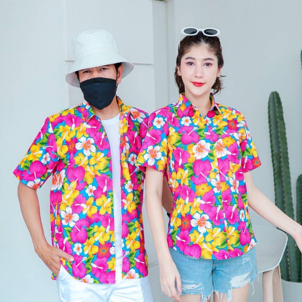PINK016 เสื้อเชิ้ตลายดอก ผ้าคอตตอน100% สีไม่ตก ผ้าไม่หด ลายคมชัด มีไซส์หญิงชาย S-5XL งานป้ายKTIER*1ตัว*