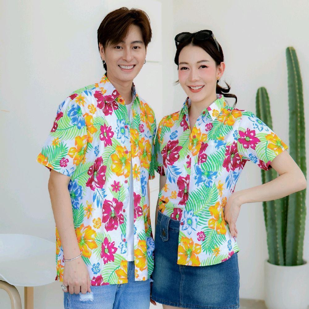 PINK017 เสื้อเชิ้ตลายดอก ผ้าคอตตอน100% สีไม่ตก ผ้าไม่หด ลายคมชัด มีไซส์หญิงชาย S-5XL งาน ป้ายKTIER*1ตัว*