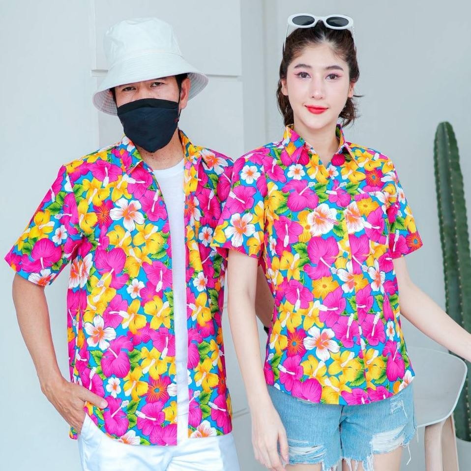 PINK016 เสื้อเชิ้ตลายดอก ผ้าคอตตอน100% สีไม่ตก ผ้าไม่หด ลายคมชัด มีไซส์หญิงชาย S-5XL งานป้ายKTIER*1ตัว*