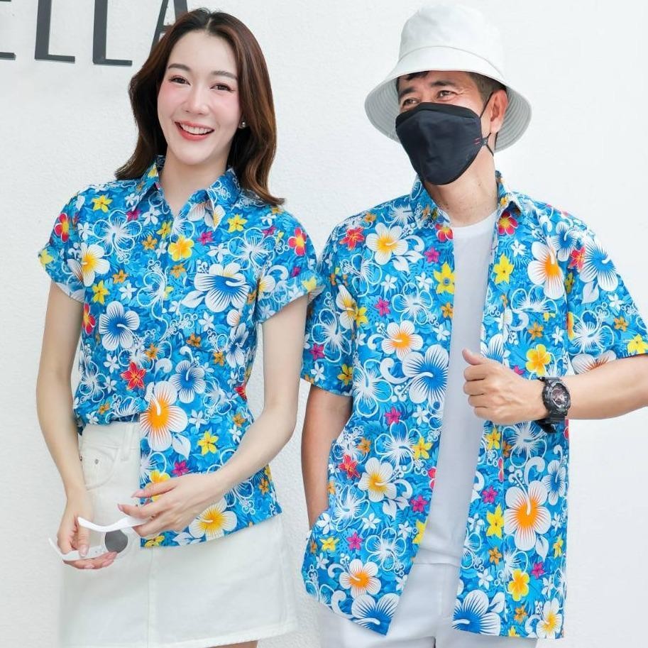 PING020เสื้อเชิ้ตลายดอกผ้าคอตตอน100% สีไม่ตก ผ้าไม่หด ลายคมชัด ไซส์หญิงชาย S-5XL งานป้าย**1ตัว**