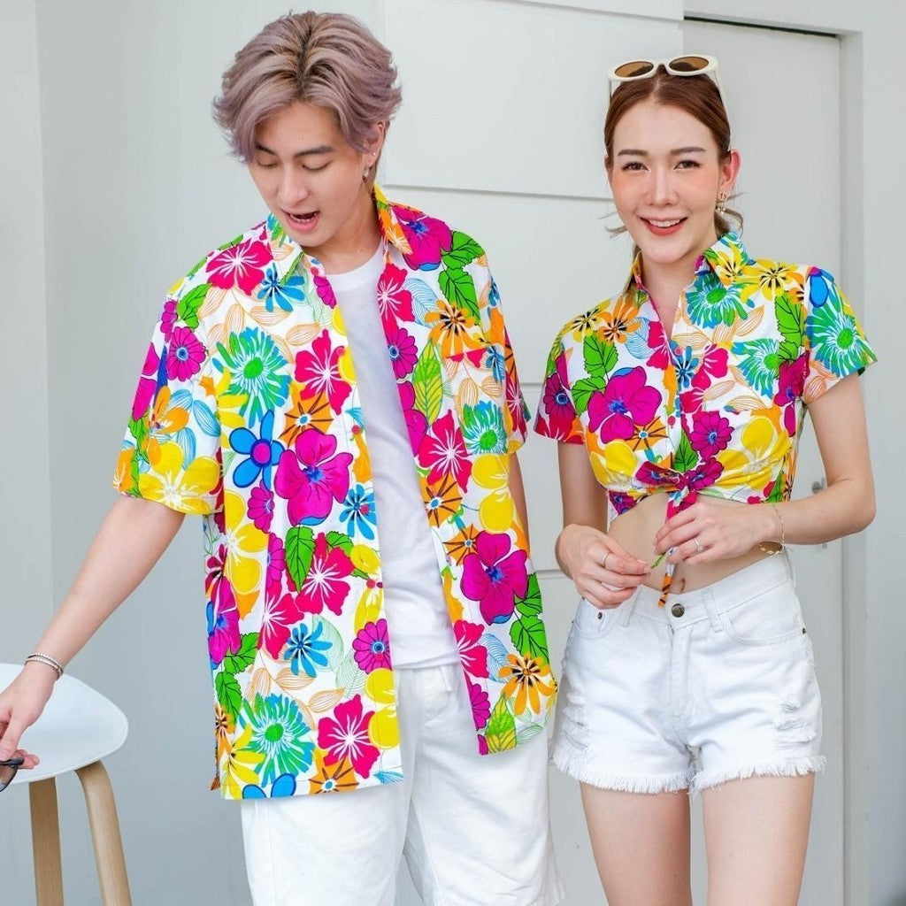 06(ครบทีม)เสื้อสงกรานต์ลายดอก ผ้าคอตตอน100 ครบไซส์ครอบครัว