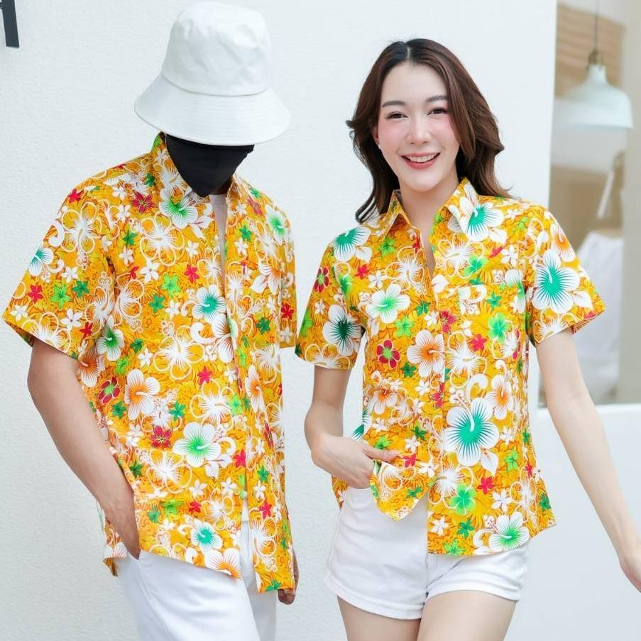 PING020เสื้อเชิ้ตลายดอกผ้าคอตตอน100% สีไม่ตก ผ้าไม่หด ลายคมชัด ไซส์หญิงชาย S-5XL งานป้าย**1ตัว**
