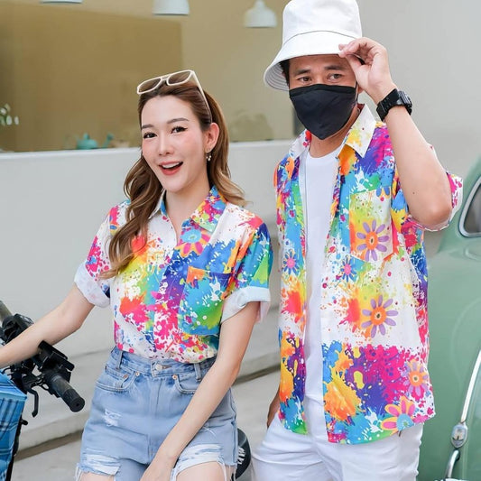 PINKเสื้อฮาวาย2025 สาดสี สีสด ทรงวัยรุ่น ใส่ได้หญิงชาย ผ้าโพลีเอสเตอร์ ใส่สบาย ผ้าไม่ยืดแนะนำเผื่อไซส์