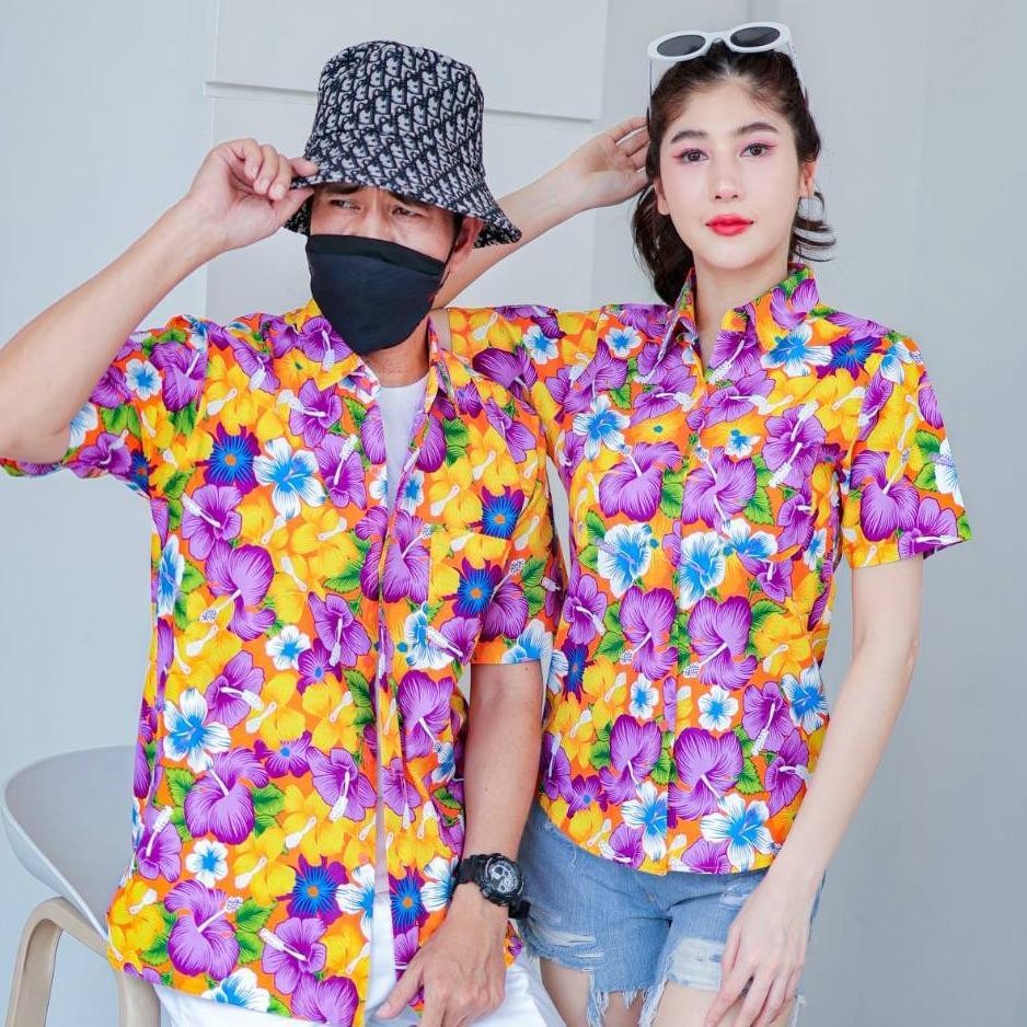 PINK016 เสื้อเชิ้ตลายดอก ผ้าคอตตอน100% สีไม่ตก ผ้าไม่หด ลายคมชัด มีไซส์หญิงชาย S-5XL งานป้ายKTIER*1ตัว*