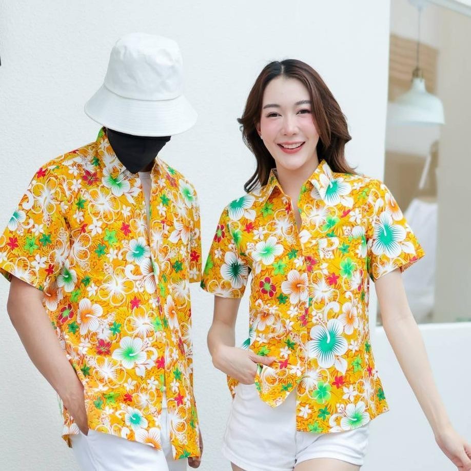 PING020เสื้อเชิ้ตลายดอกผ้าคอตตอน100% สีไม่ตก ผ้าไม่หด ลายคมชัด ไซส์หญิงชาย S-5XL งานป้าย**1ตัว**