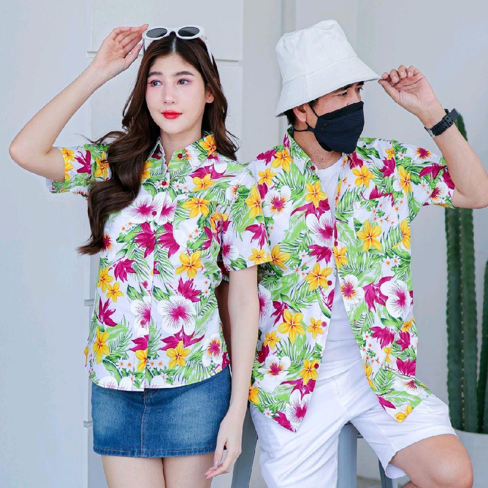 Pink04 เสื้อเชิ้ตลายดอก ผ้าคอตตอน100% สีไม่ตก ผ้าไม่หด ลายคมชัด มีไซส์หญิงชาย 34-54นิ้ว งานป้ายKTIER*1ตัว*