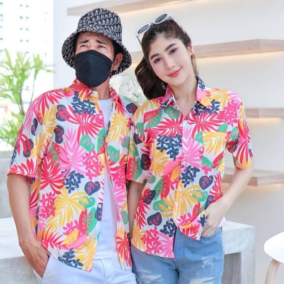 PINK3901# เสื้อฮาวาย ทรงวัยรุ่น หญิงชายใส่ได้ ผ้าโพลีพรีเมี่ยม ไซส์เด็ก-ผู้ใหญ่ งานป้าย ลายคมชัด **1ตัว**