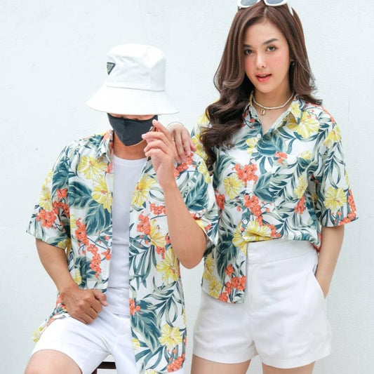 Pink3330เสื้อฮาวาย ไซส์เด็ก-ผู้ใหญ่8XL ครบทีม ผ้าโพลีพลีเมี่ยม ทรงวัยรุ่น หญิงชายใส่ได้ ลายดอก คมชัด **1ตัว**