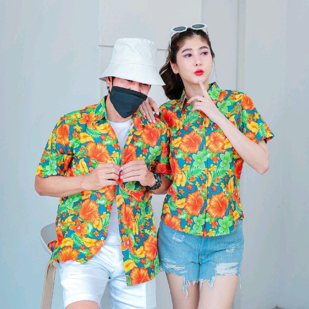 PINK012 เสื้อเชิ้ตลายดอก ผ้าคอตตอน100% สีไม่ตก ผ้าไม่หด ลายคมชัด มีไซส์หญิงชาย 34-56นิ้ว งานป้ายKTIER*1ตัว*