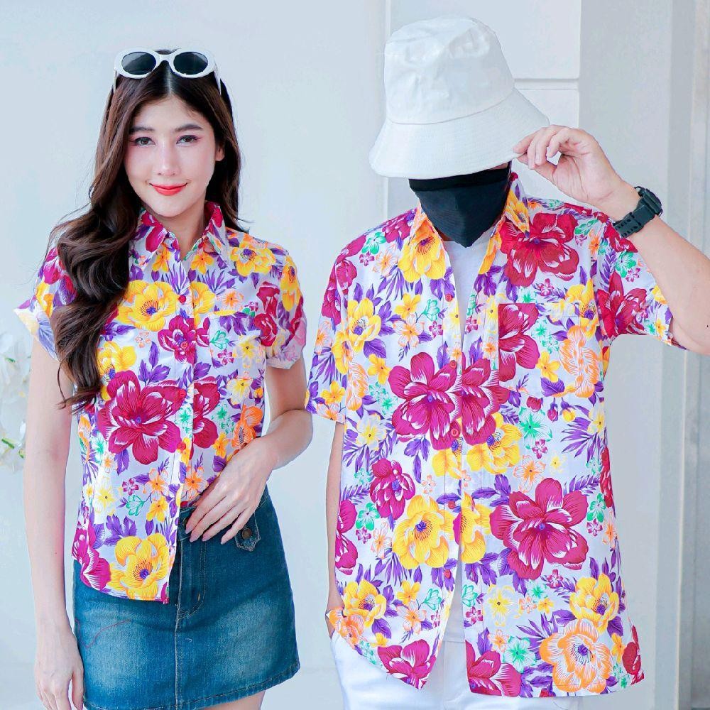 Pink011 เสื้อเชิ้ตลายดอก ผ้าคอตตอน100% สีไม่ตก ผ้าไม่หด ลายคมชัด มีไซส์หญิงชาย 34-56นิ้ว งานป้ายKTIER*1ตัว*