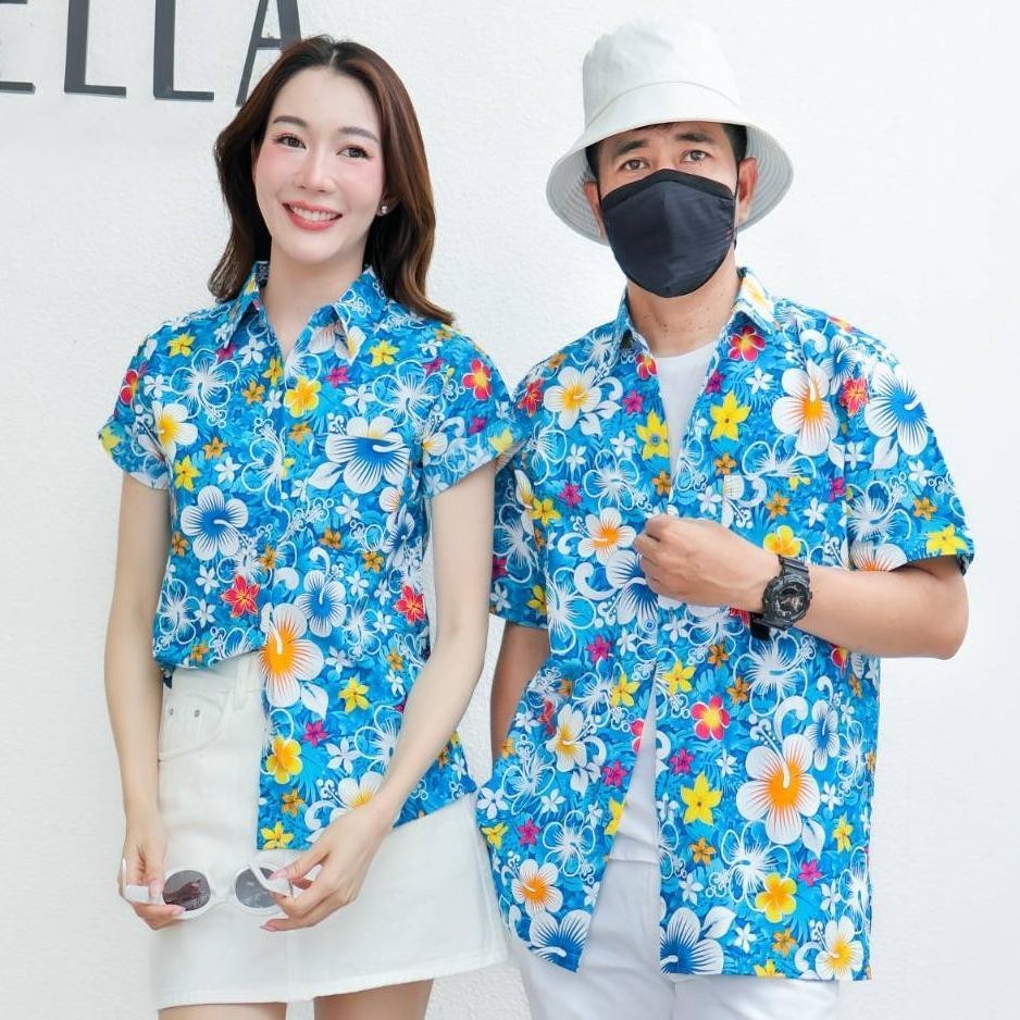 PING020เสื้อเชิ้ตลายดอกผ้าคอตตอน100% สีไม่ตก ผ้าไม่หด ลายคมชัด ไซส์หญิงชาย S-5XL งานป้าย**1ตัว**