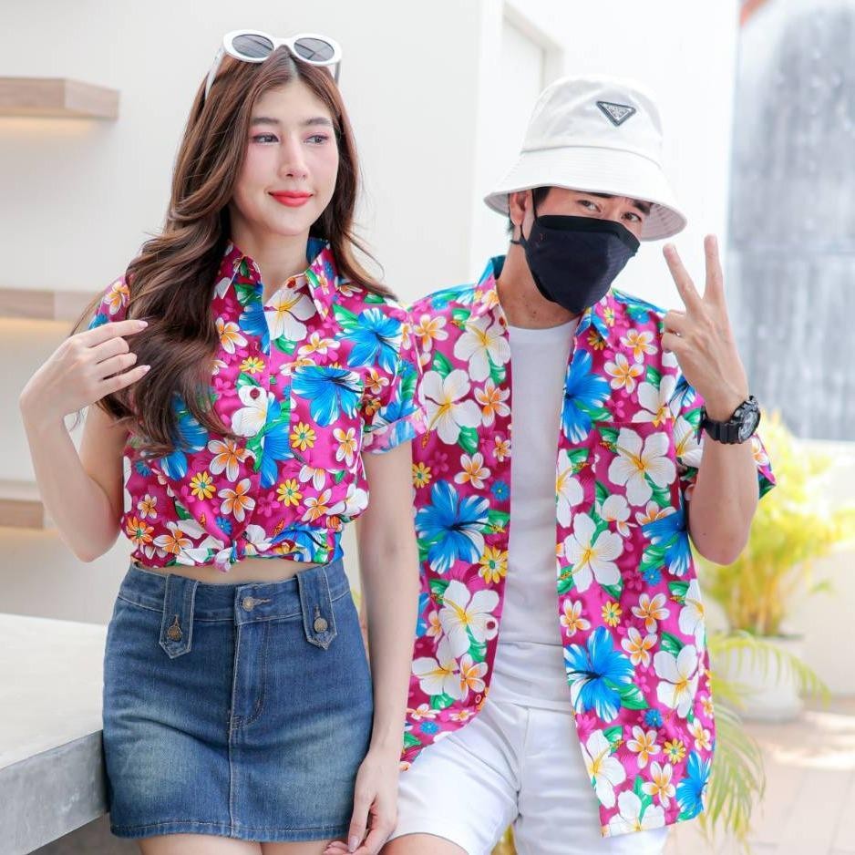 PINK018 เสื้อเชิ้ตลายดอก ผ้าคอตตอน100% สีไม่ตก ผ้าไม่หด ลายคมชัด มีไซส์หญิงชาย S-5XL งานป้ายKTIER*1ตัว*
