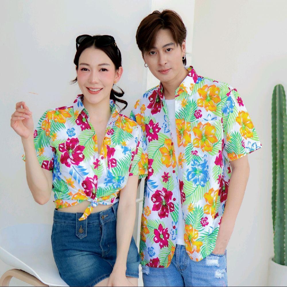 PINK017 เสื้อเชิ้ตลายดอก ผ้าคอตตอน100% สีไม่ตก ผ้าไม่หด ลายคมชัด มีไซส์หญิงชาย S-5XL งาน ป้ายKTIER*1ตัว*