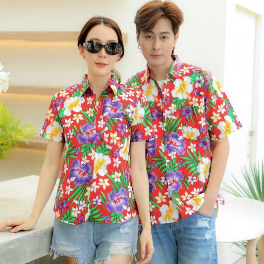 PINK06 เสื้อเชิ้ตลายดอก ผ้าคอตตอน100% สีไม่ตก ผ้าไม่หด ลายคมชัด มีไซส์หญิงชาย 34-56นิ้ว งานป้ายKTIER*1ตัว*