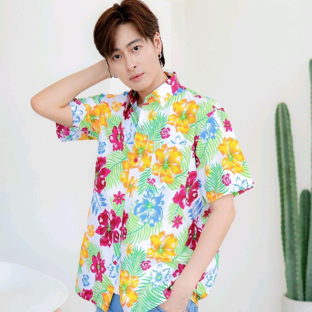 PINK017 เสื้อเชิ้ตลายดอก ผ้าคอตตอน100% สีไม่ตก ผ้าไม่หด ลายคมชัด มีไซส์หญิงชาย S-5XL งาน ป้ายKTIER*1ตัว*