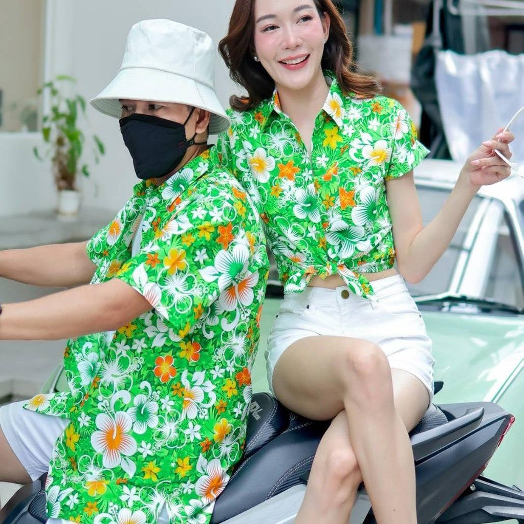PING020เสื้อเชิ้ตลายดอกผ้าคอตตอน100% สีไม่ตก ผ้าไม่หด ลายคมชัด ไซส์หญิงชาย S-5XL งานป้าย**1ตัว**