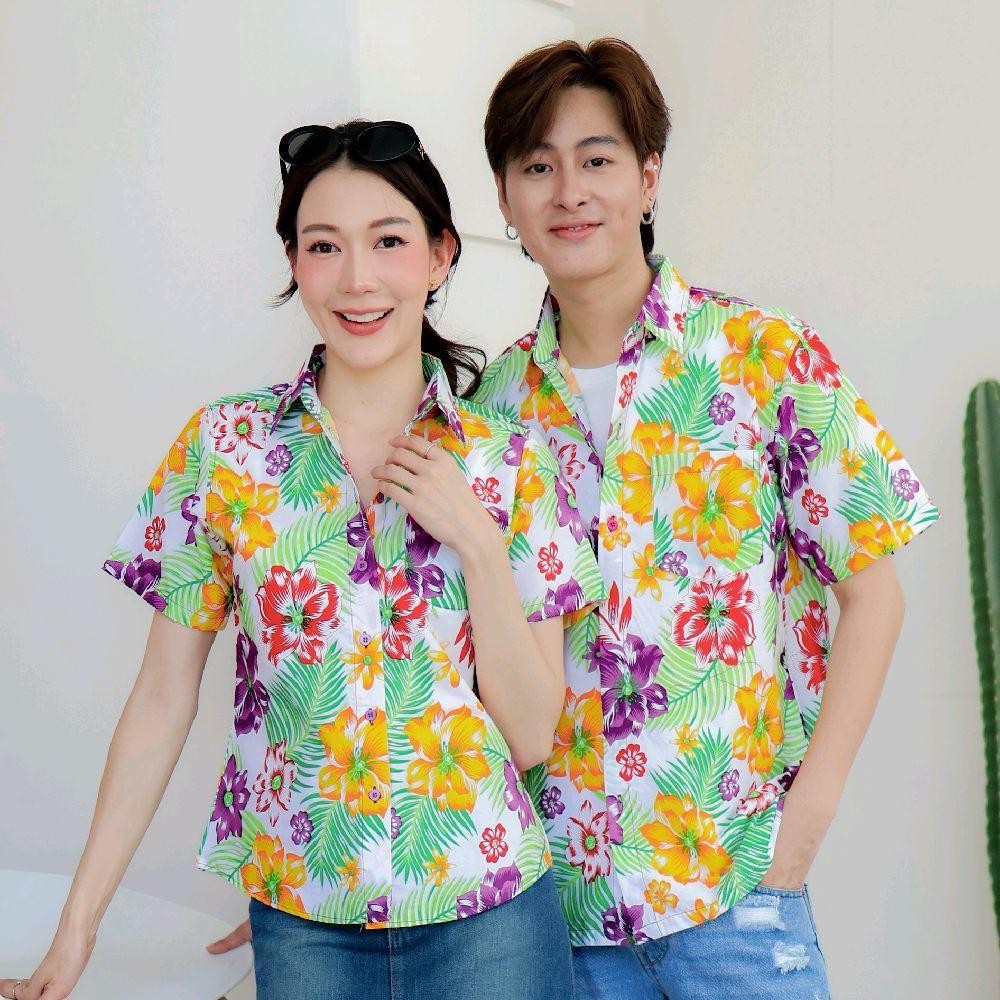 PINK017 เสื้อเชิ้ตลายดอก ผ้าคอตตอน100% สีไม่ตก ผ้าไม่หด ลายคมชัด มีไซส์หญิงชาย S-5XL งาน ป้ายKTIER*1ตัว*