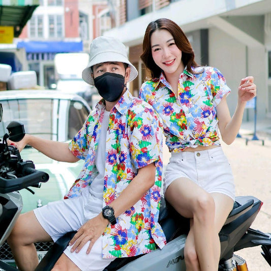 PINK026เสื้อเชิ้ตลายดอก ผ้าคอตตอน100% สีไม่ตก ผ้าไม่หด ไซส์หญิงชาย S-5XL งานป้ายKTIER**1ตัว**