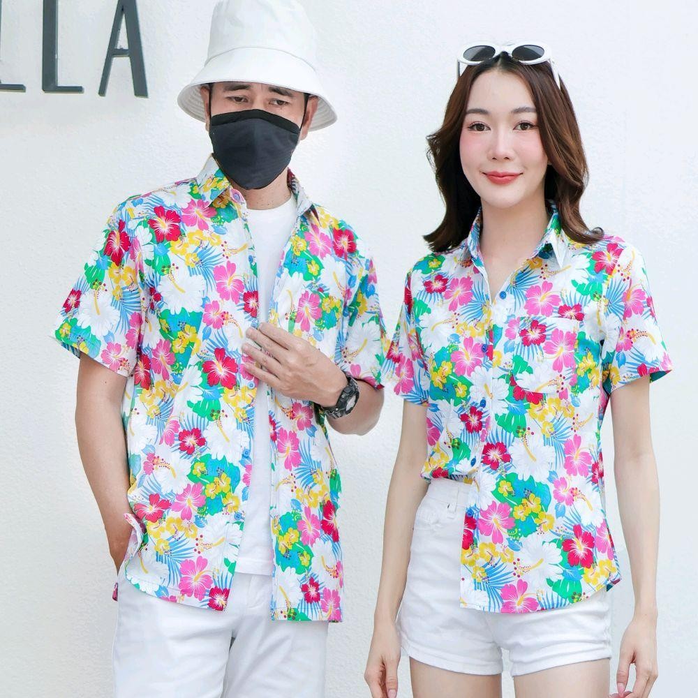 PINK026เสื้อเชิ้ตลายดอก ผ้าคอตตอน100% สีไม่ตก ผ้าไม่หด ไซส์หญิงชาย S-5XL งานป้ายKTIER**1ตัว**
