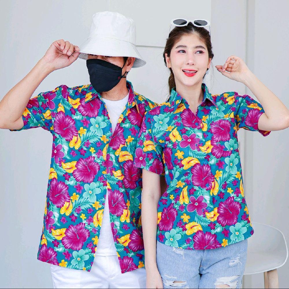 PINK012 เสื้อเชิ้ตลายดอก ผ้าคอตตอน100% สีไม่ตก ผ้าไม่หด ลายคมชัด มีไซส์หญิงชาย 34-56นิ้ว งานป้ายKTIER*1ตัว*