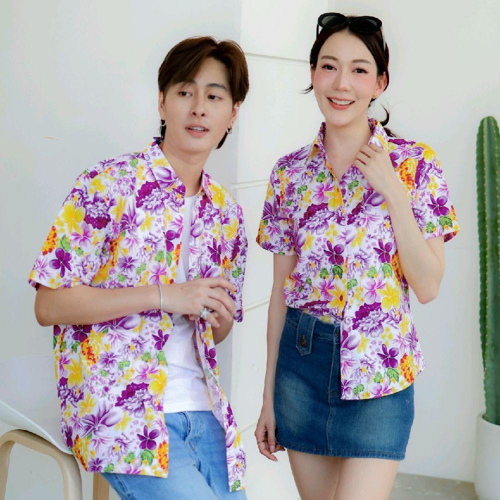PINK013 เสื้อเชิ้ตลายดอก ผ้าคอตตอน100% สีไม่ตก ผ้าไม่หด ลายคมชัด มีไซส์หญิงชาย S-5XL งานป้าย KTIER*1ตัว*