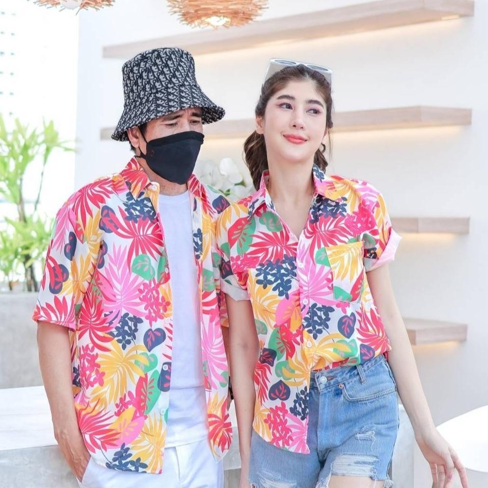 PINK3901# เสื้อฮาวาย ทรงวัยรุ่น หญิงชายใส่ได้ ผ้าโพลีพรีเมี่ยม ไซส์เด็ก-ผู้ใหญ่ งานป้าย ลายคมชัด **1ตัว**