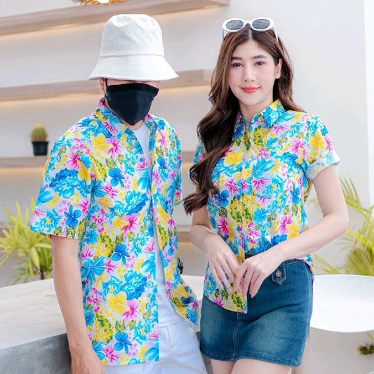PINK013 เสื้อเชิ้ตลายดอก ผ้าคอตตอน100% สีไม่ตก ผ้าไม่หด ลายคมชัด มีไซส์หญิงชาย S-5XL งานป้าย KTIER*1ตัว*