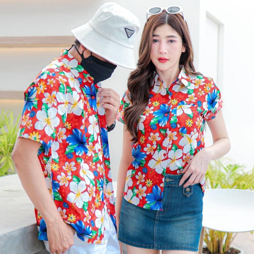 PINK018 เสื้อเชิ้ตลายดอก ผ้าคอตตอน100% สีไม่ตก ผ้าไม่หด ลายคมชัด มีไซส์หญิงชาย S-5XL งานป้ายKTIER*1ตัว*