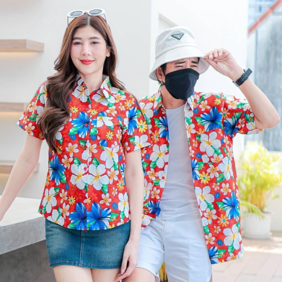 PINK018 เสื้อเชิ้ตลายดอก ผ้าคอตตอน100% สีไม่ตก ผ้าไม่หด ลายคมชัด มีไซส์หญิงชาย S-5XL งานป้ายKTIER*1ตัว*